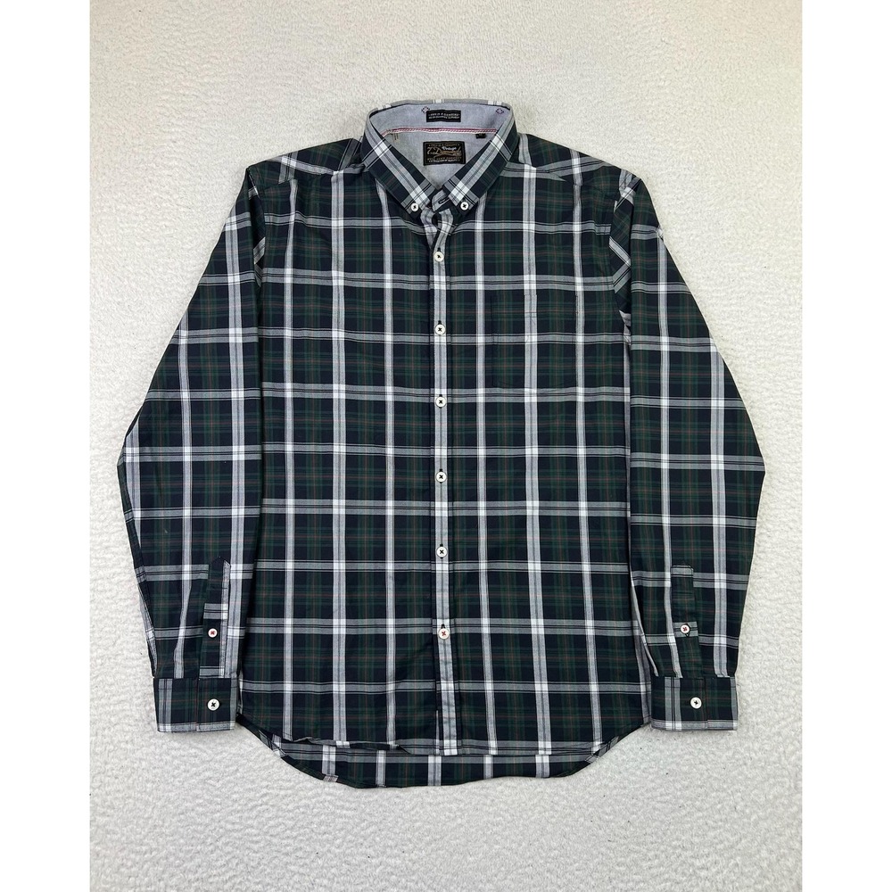 7 Diamonds Shirt Mens Medium Green Plaid Button Down Long Sleeve Vintage Style